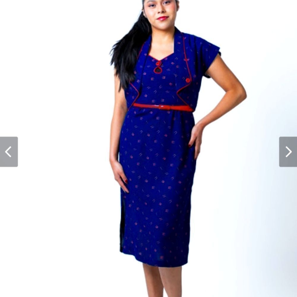 Young Edwardian Arpeja Dress Jacket Size 7 Vintage Blue Red‎ Print Matchsticks